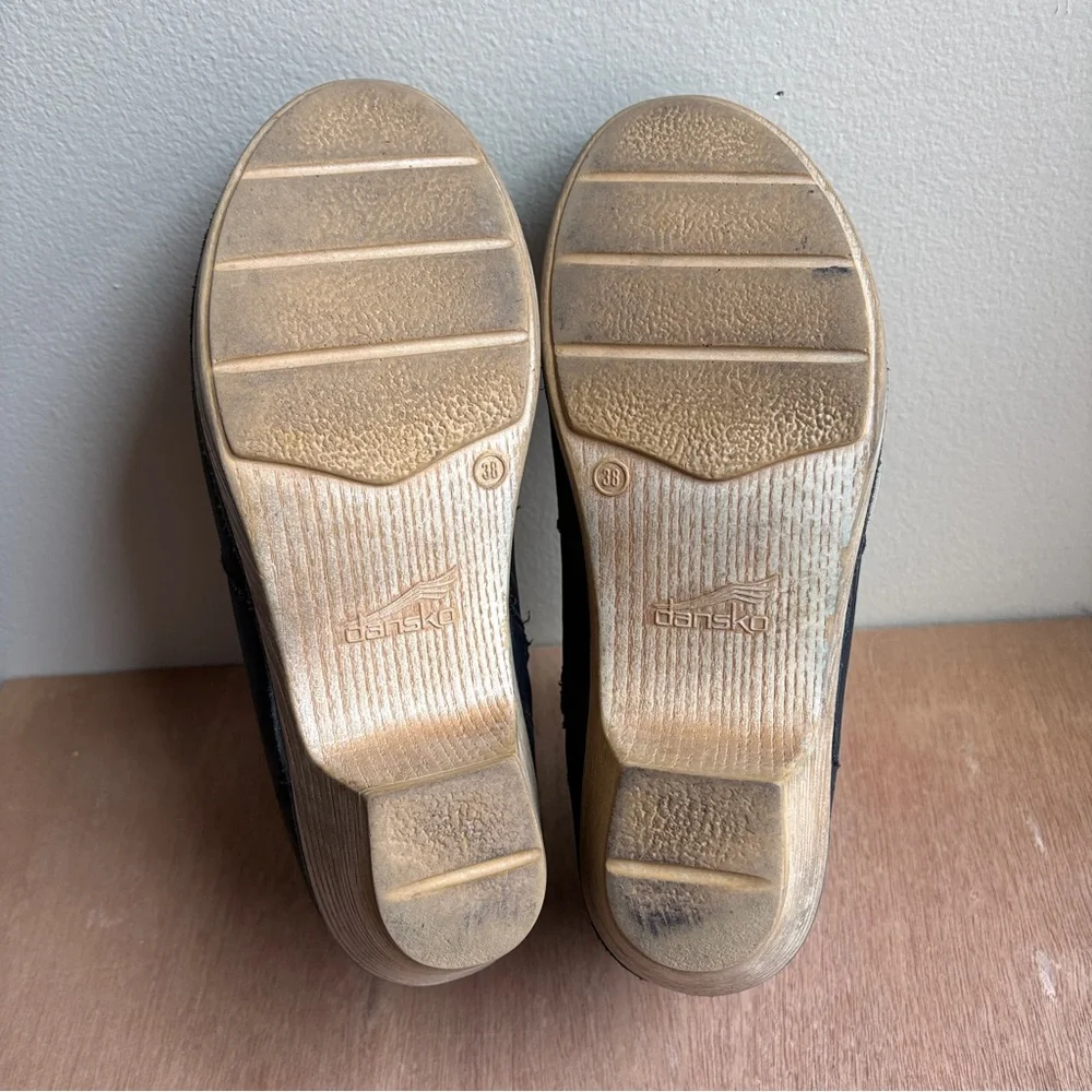 Dansko Black/Charcoal Gray Leather Clog Boots Natural Colored Heels 38/7.5-8 US - Picture 7 of 8